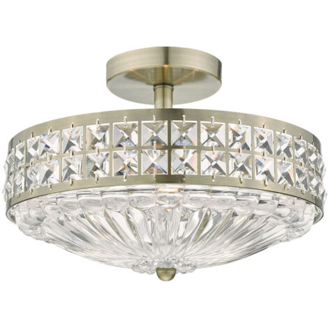 DAR OLONA - Plafonnier semi-encastré léger 3L Perles de cristal en laiton antique et diffuseur en verre