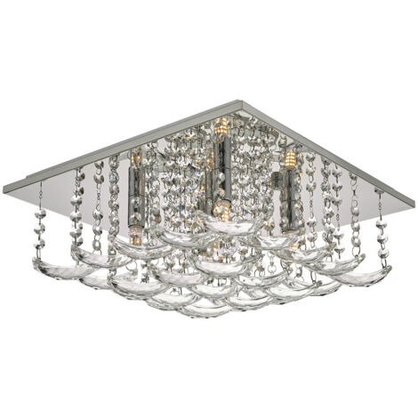 DAR ORELLA - Plafonnier affleurant chrome poli et cristal, 5x G9