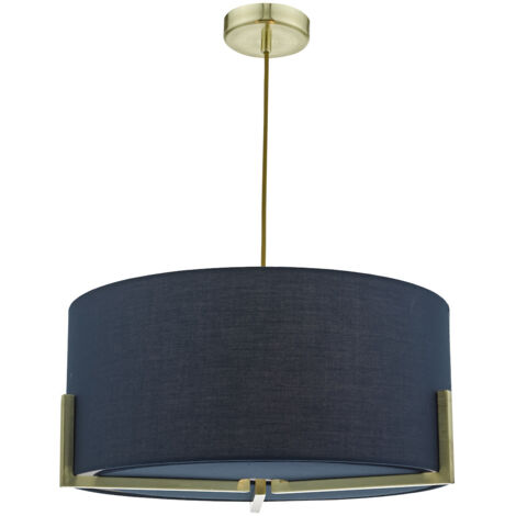 DAR SANTINO - Suspension cylindrique dorée avec abat-jour en coton bleu marine