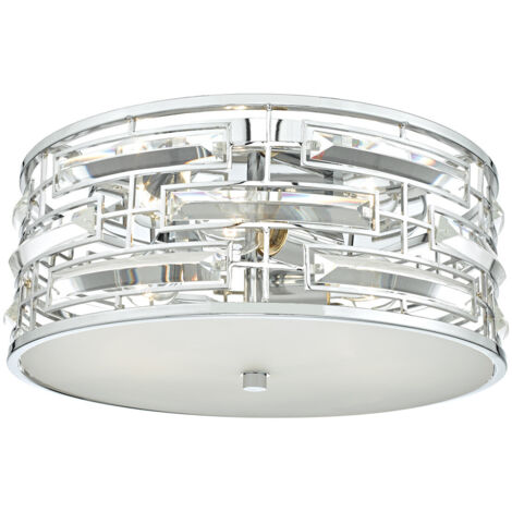 DAR SEVILLE - Plafonnier Cylindrique Affleurant Chrome Poli & Cristal avec Diffuseur, 3x E27