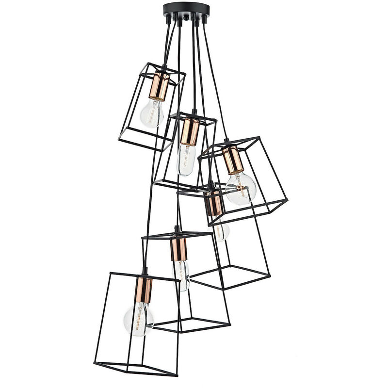 Dar tower - Lampada a sospensione a grappolo con struttura in filo metallico, nera, 6x E27