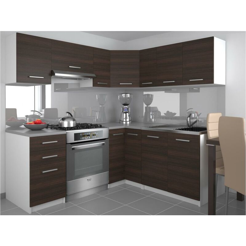 

DARCIA | Cocina esquinera completa + Modular L 300 cm 9 pzs | Plan de trabajo INCLUIDO | Conjunto de muebles de cocina - Castaño