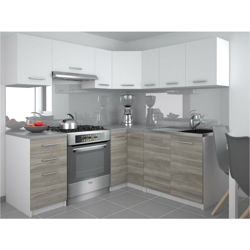 

DARCIA | esquinero de cocina completa L 300 cm 9 piezas | Plan de trabajo INCLUIDO | Conjunto de muebles de cocina - Blanco/Plateado