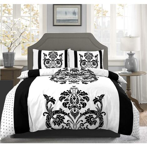 KAMPALA HILL Darcy Floral Duvet Cover Set Reversible Bedding Flowers/Zig Zag - Black- Double