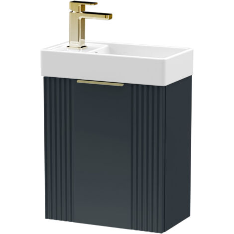 Dark Grey 400mm Wall Hung Cloakroom Vanity Basin Unit with Brushed Brass Handle Compact Bathroom Storage