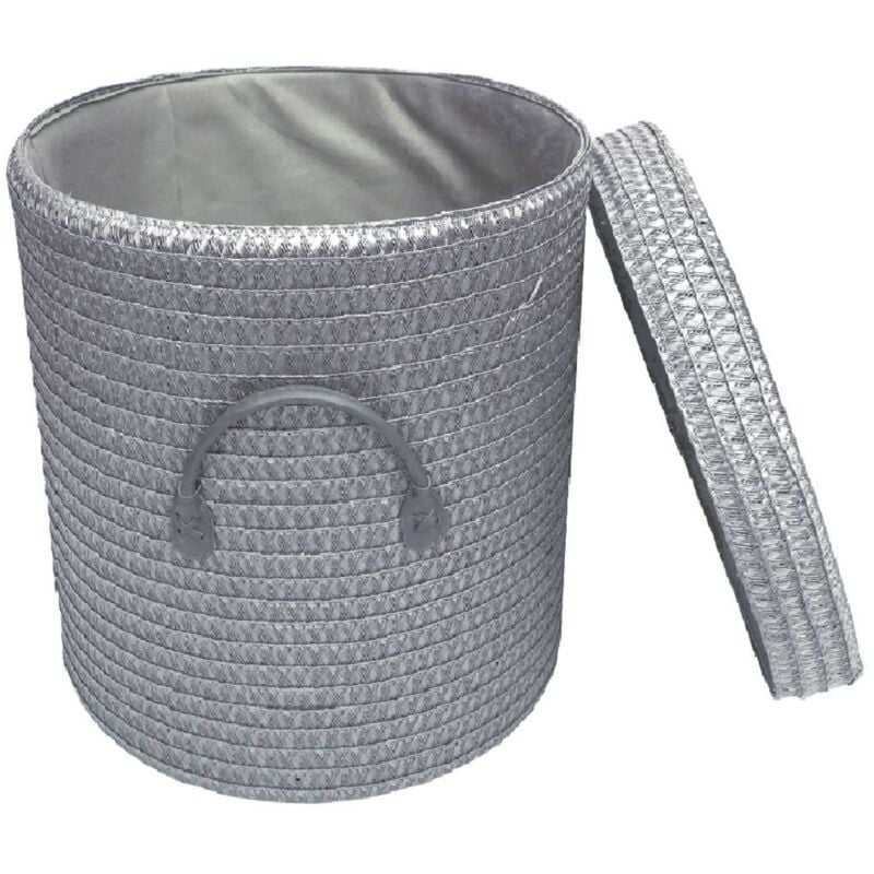 Strong Woven Round Lidded Laundry Storage Basket Bin Lined PVC Handle[Dark Grey,Large 35 x 37 cm] [lrg]
