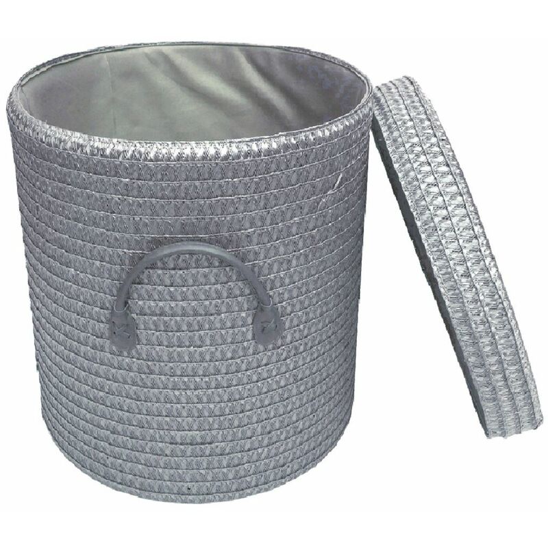 Strong Woven Round Lidded Laundry Storage Basket Bin Lined PVC Handle[Dark Grey,Medium 30 x 32 cm]