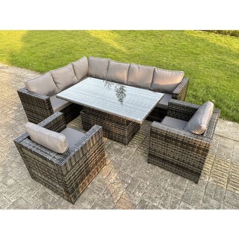 dark mixed grey outdoor rattan garden furniture sofa set rising adjustable dining table 2 chairs patio furniture