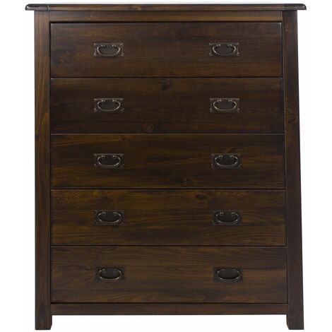 main image of "Dark Wood Chest of 5 Drawers Solid Pine Dresser Metal Handles Lacquered Finish"