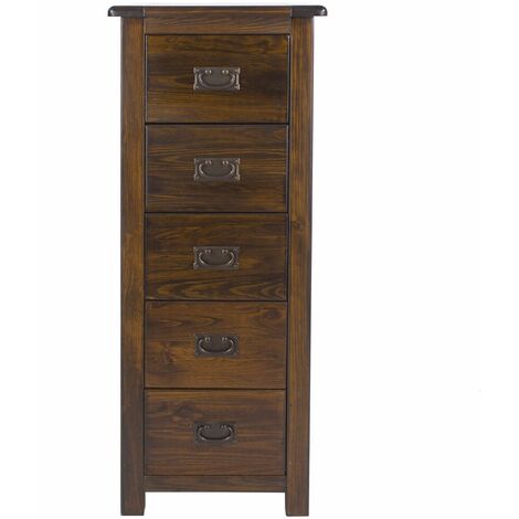 Dark Wood Chest of 5 Drawers Solid Pine Tallboy Metal Handles Lacquered Finish