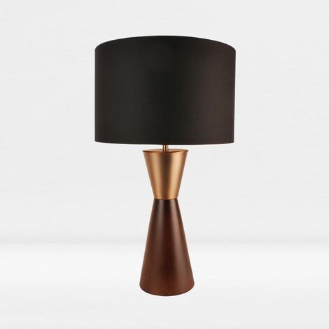 Dark Wood with Satin Copper Detail Table Lamp - Wood with satin copper plate detail and black cotton