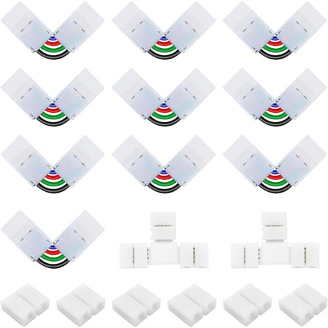 Das 5050 4-polige 10-mm-LED-Streifen-Anschlussset enthält 6 lückenlose 10-mm-Steckverbinder, 10 4-polige L-förmige Steckverbinder mit einstellbarem Winkel und 2 T-förmige Steckverbinder für SMD-Streif