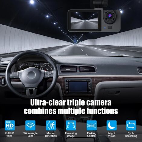 Dashcam 1080P per auto anteriore posteriore interno, con scheda SD da 32 GB, telecamera per auto con monitoraggio del parcheggio, rilevamento del movimento, grandangolo 170°, 3 canali, registrazione i