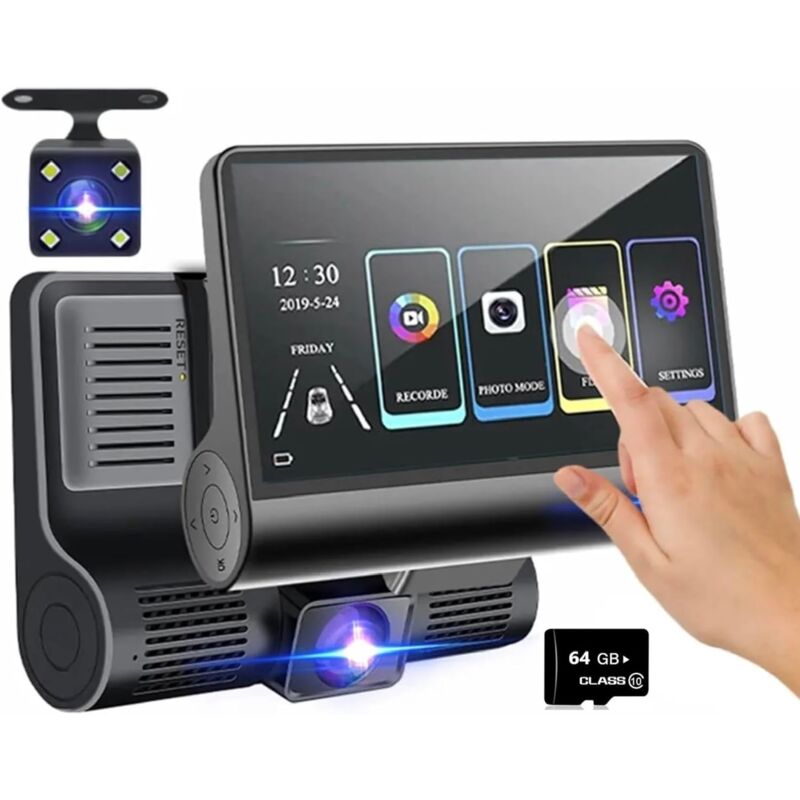 DashCam 3 en 1 à écran Tactile 2 objectifs Avant 1 arrière 1080P HDR Caméra de stationnement pour Voiture Van Caméra de sécurité Grand Angle
