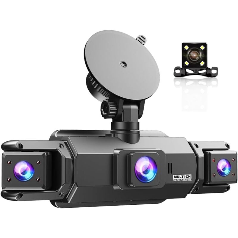 Dashcam 4 Caméras Enregistreur de Voiture HD 1080P(Avant) 720P(Intérieur×2 & Arrière) Sans WiFi 64GB Carte Mémoire + Allume-Cigare 3 Ports 120W Écran