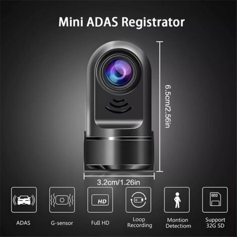 Dashcam ADAS con rotazione a 360° in HD 1080P e scheda da 32 GB.