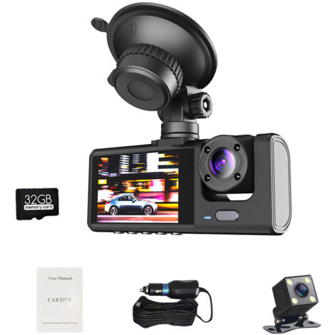 Dashcam mit 1080P-Auflösung vorne und hinten, 2-Zoll-Bildschirm, Nachtsichtfunktion, Loop-Aufnahme, inklusive 32-GB-Speicherkarte