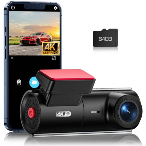 Dashcam per auto 4K, Dash Cam UHD 2160P, WiFi integrato e scheda SD 64G, Modalità parcheggio 24 ore, Visione notturna, WDR, Telecamera per cruscotto per auto grandangolare 170°, Sensore G, Registrazio
