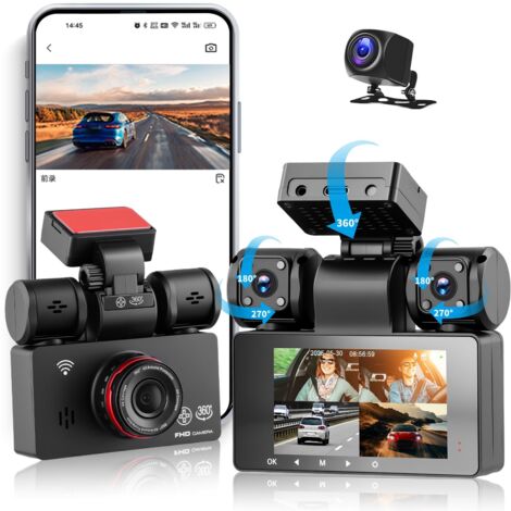Dashcam per auto anteriore e posteriore 2K 4 canali, Dash Cam da 3 pollici a 360 gradi con app, visione notturna IR, video in loop, sensore G, monitor di parcheggio 24 ore su 24, assistenza al parcheg