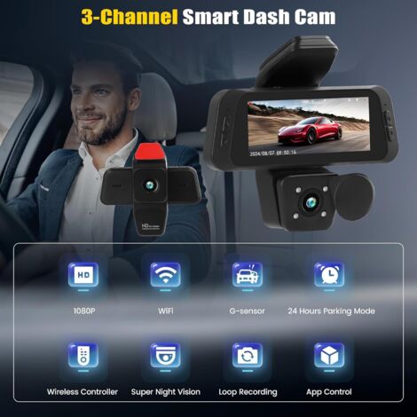 Dashcam per auto anteriore posteriore interno, telecamera per auto da 3 pollici con controllo APP, visione notturna a infrarossi, registrazione in loop, sensore G, assistenza al parcheggio, monitoragg