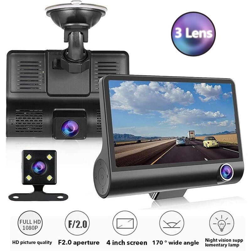 SNQ - Dashcam pour voiture 3 cameras , Full hd, 1080P, double objectif, ecran lcd de 4.0 pouces, avec vue arriere a 170 degres,