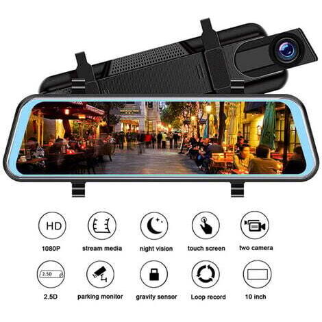 Dashcam Rétroviseur,  Écran Tactile 10" Avant et Arrière Camera Voiture, avec Vision Nocturne, Double Angle de 170°, Capteur G, Surveillance du Parking et GPS Camera Embarquée Voiture