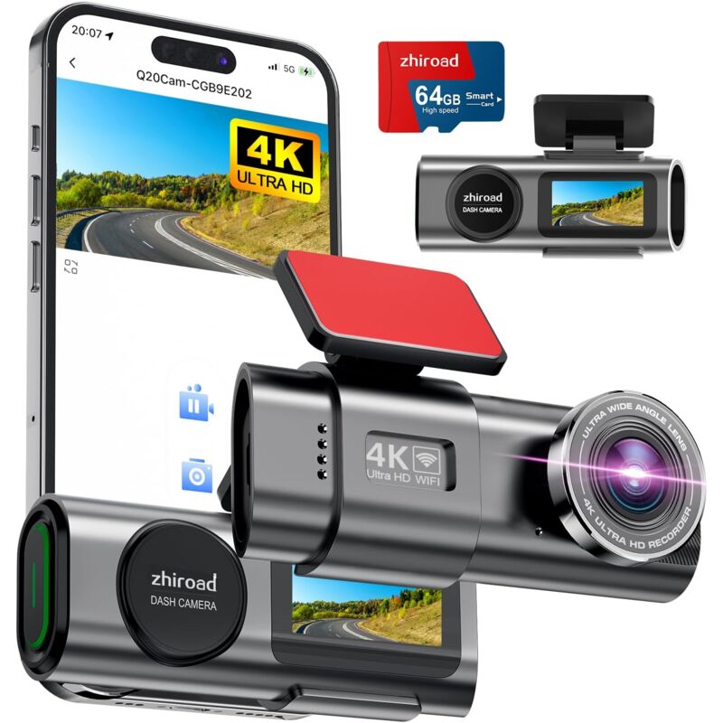 Dashcam Voiture, 4K Camera Voiture avec écran IPS 1.47'', Dash Cam Grand Angle 170°, WiFi & App, Vision Nocturne, Carte SD 64 G, WDR, G-Capteur, 24H