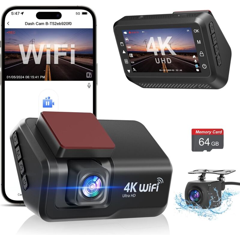 Dashcam Voiture Avant Arrière, 4K+1080P Camera Embarquée Voiture WiFi avec Application IPS 3' avec Carte 64Go Gratuite, Caméra de Voiture avec Vision