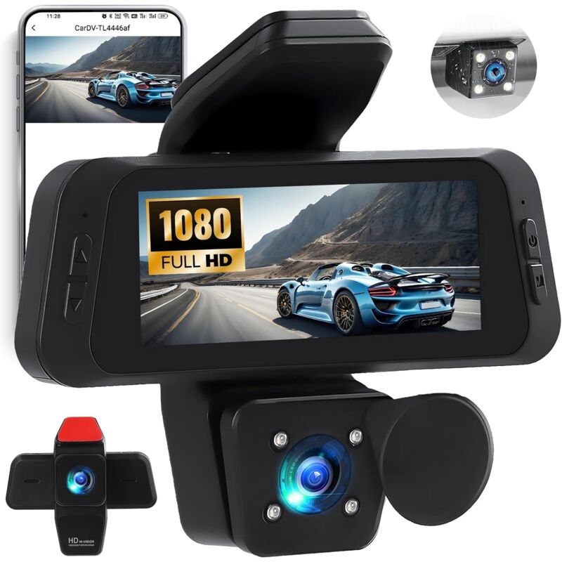 Dashcam voiture avant arrière intérieur, 3 pouces caméra de voiture avec contrôle APP, vision nocturne IR, enregistrement en boucle, capteur G, aide