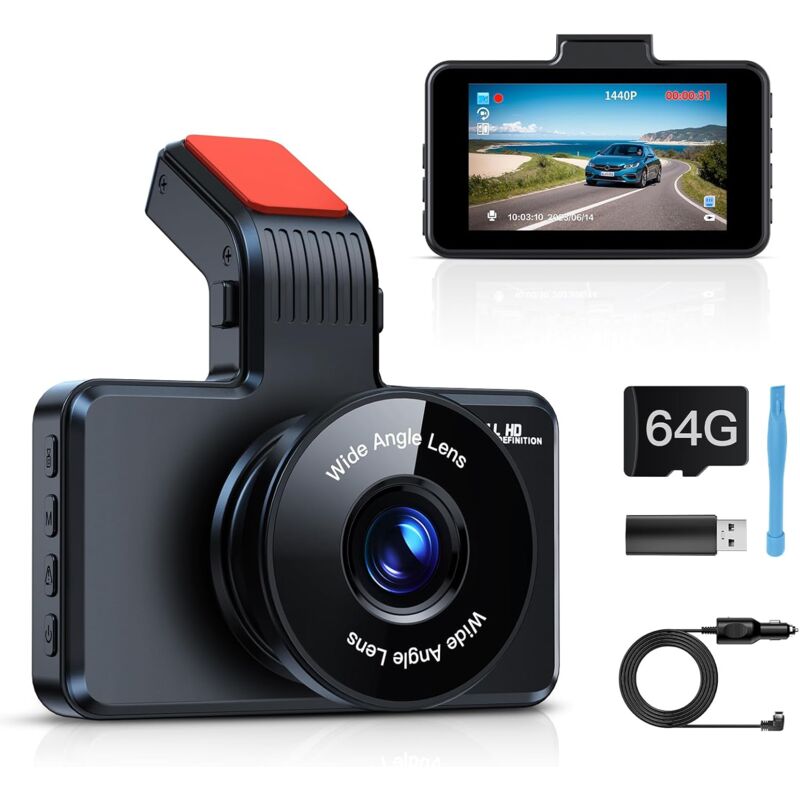 Dashcam Voiture Avant avec Carte SD 64G, 1080P FHD 3' Caméra Embarquée Voiture, Dashcam Auto avec Grand Angle 170°, Vision Nocturne, WDR,