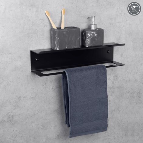 DASKE Porta asciugamani bagno con mensola, montaggio adesivo, nero, PODY (45 cm)