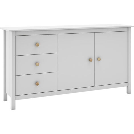 DAVA - Buffet L.130cm 2 Portes 3 Tiroirs en Pin Massif Blanc