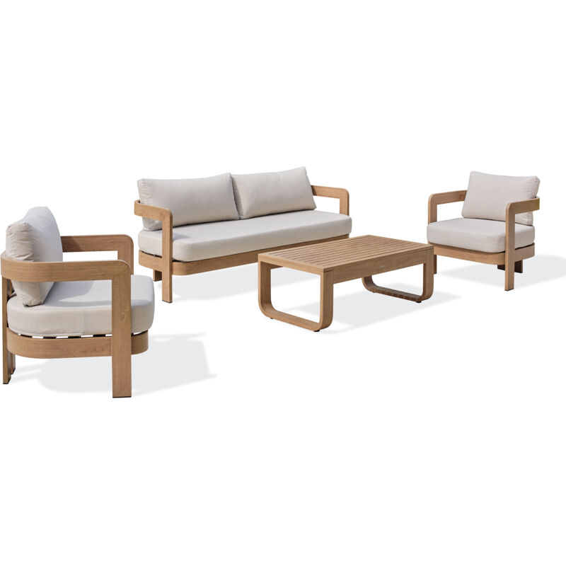 Davao - Salon bas de jardin 5 pl en aluminium imitation bois, coussins écrus Dcb Garden