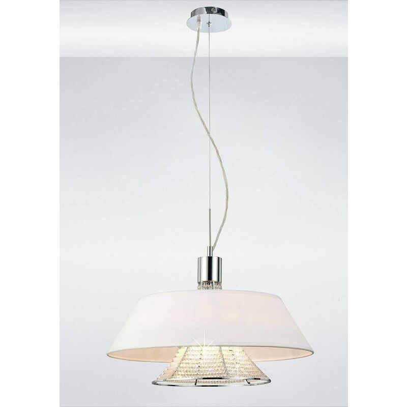 09diyas - Davina pendant light with white lampshade 3 polished chrome / crystal bulbs
