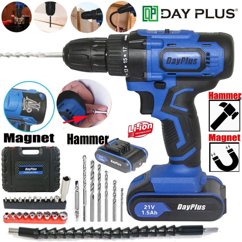 Day Plus 18V Visseuse Devisseuse Sans Fil,2 Pièces 1500mAh Batteries Perceuse Electrique, 45Nm Percussion Sans Fil, 18 + 1 Réglages Couple & 2