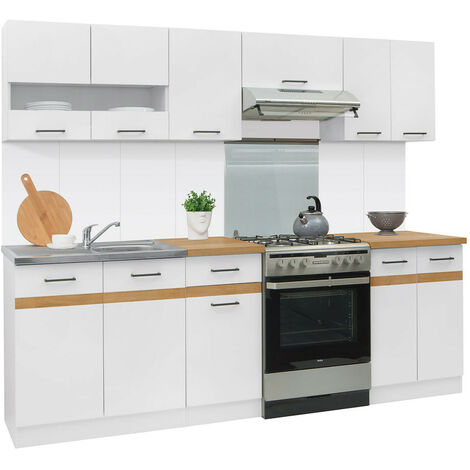 DAYAN Cucina completa Stile scandinavo Larghezza 240 cm Piedistalli bassi e alti + cassetto Gabinetto da cucina - Bianco