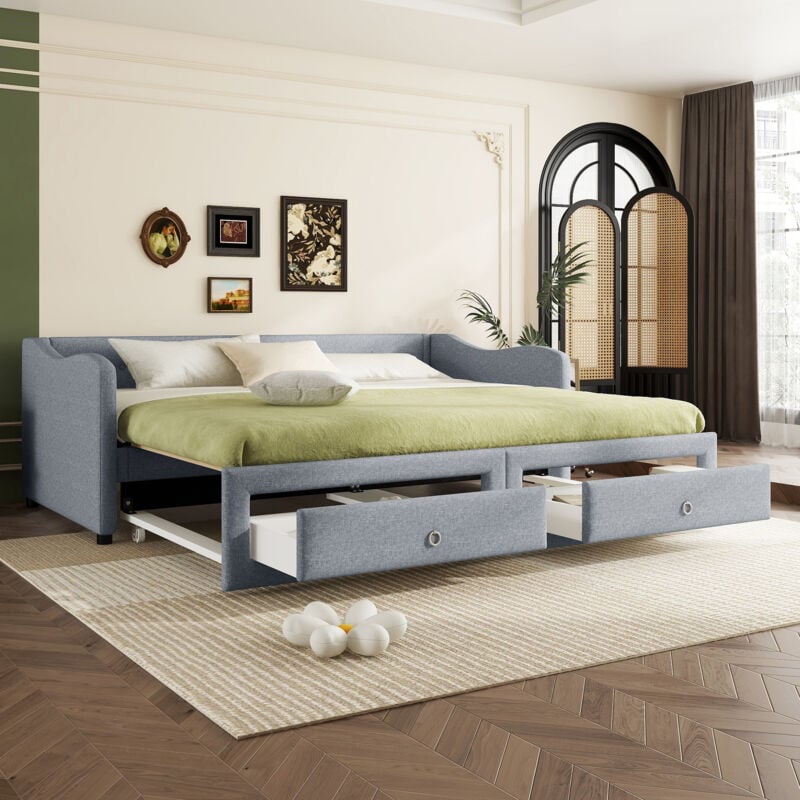 Daybed, chaise longue 90x200 cm con letto estraibile, divano letto con due cassetti, letto singolo (senza materasso), biancheria, stile minimalista,