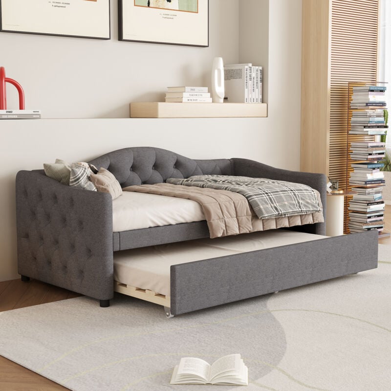 Daybed, chaise longue 90x200 cm con letto estraibile, divano letto, letto singolo (senza materasso), lino, stile minimalista, grigio