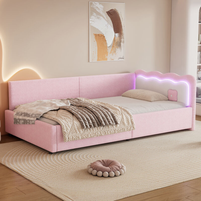 Redom - Daybed, daybed, canapé lit, 90200cm, lumière d'ambiance led avec télécommande, lit avec sommier à lattes (sans matelas), imitation polaire,