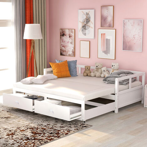 Daybed with Drawers 3FT 90 x 190 cm Bed Frame with Trundle and Drawer, Guest Bed, Sofa Bed, for Living Room and Bedroom, White