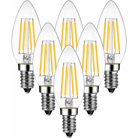 Daylight E14 LED Candle Filament Bulbs, 40W Incandescent Bulbs Equivalent, 4W Energy Saving Light Bulbs,C35 SES Small Edison Screw Led Bulbs,Cool White 6500K, 470Lm,Non-Dimmable (6 Pack)