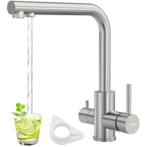 DAYONE 3 Way Kitchen Sink Tap, Drinking Water Tap, SUS304 Stainless Steel 360 Swivel Water Sink Tap, Dual Lever 3 in 1 Water Filter Tap Kitchen Mixer Tap 1 Hole, UK Standard Kitchen Faucet, Brushed