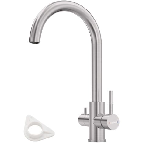 DAYONE 3 Way Kitchen Tap, 3 IN 1 Drinking Water Tap, SUS304 Stainless Steel Kitchen Faucet, 360° Swivel Kitchen Sink Tap, Dual Handle Kitchen Mixer Tap 1 Hole, Brushed