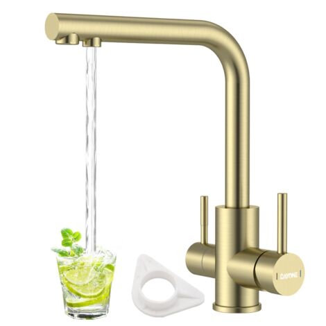 DAYONE Brushed Gold 3 Way Kitchen Tap, SUS304 Stainless Steel Drinking Water Tap, Dual Lever 360 Swivel Water Sink Tap, 3 in 1 Water Filter Tap Kitchen Mixer Tap 1 Hole, Kitchen Faucet