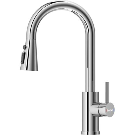 DAYONE Chrome Pull Out Kitchen Sink Mixer Tap, Stainless Steel Single Handle Taps Mixer for 1 Hole Kitchen Sink, 360°Swivel High Arc 3 Spray Mode Kitchen Faucet