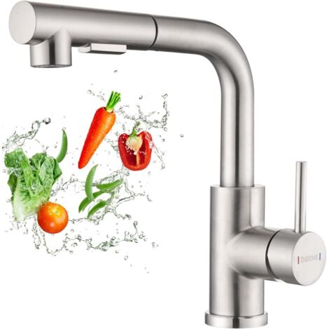 DAYONE Kitchen Taps with Pull Out Spray, SUS304 Stainless Steel Kitchen Sink Taps, Two Spray Function Kitchen Mixer Tap with Pull Down Sprayer, 360° Swivel Single Lever Kitchen Faucet, Brushed