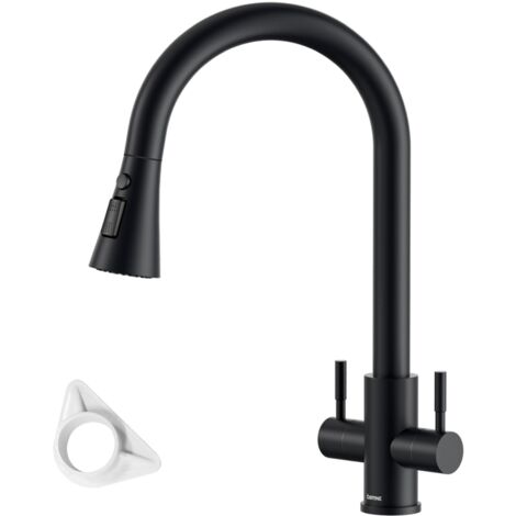 DAYONE Matte Black Kitchen Tap with Pull Out Spray, Dual Lever Sink Mixer Taps, SUS304 Stainless Steel Sink Mixer for 1 Hole, 360° Swivel High Arc Tap with 3 Spray Modes, Double Handles Kitchen Faucet