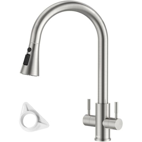 DAYONE Pull-Out Kitchen Tap Dual Lever Sink Mixer Taps Brushed, SUS304 Stainless Steel Sink Mixer for 1 Hole Sink Tap, 360°Swivel High Arc 3 Spray Mode Kitchen Faucet UK Standard
