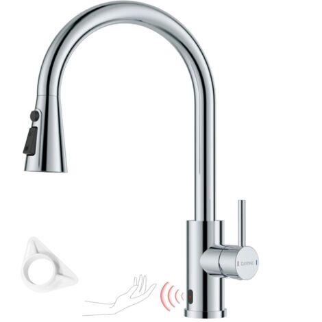 DAYONE Touchless Kitchen Tap Chrome, SUS304 Stainless Steel Infrared Sensor Automatic Pull Out Sink Mixer, 360° Swivel Mixer Taps, 3 Modes Sprayer Sensor Kitchen Taps, UK Standard G1/2'' Faucet