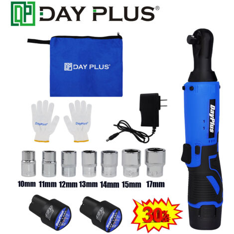 Dayplus – Clé à cliquet sans fil 3/8' – 2 batteries 12V – Couple 40Nm – Moteur à fil de cuivre pour espaces restreints – Lampe LED intégrée